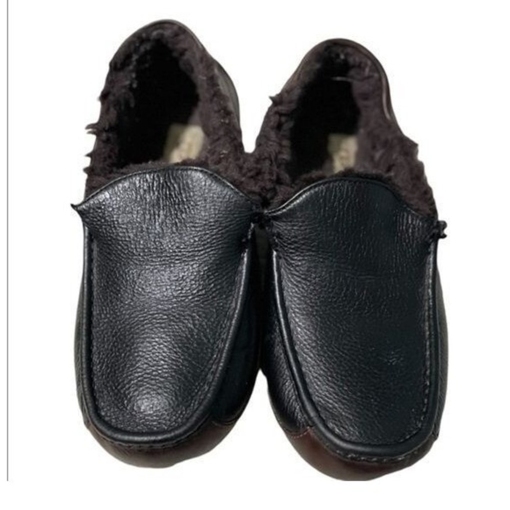 Ugg Mens Leather Sheepskin Moccasin Slippers Size 10‎ Black & Brown